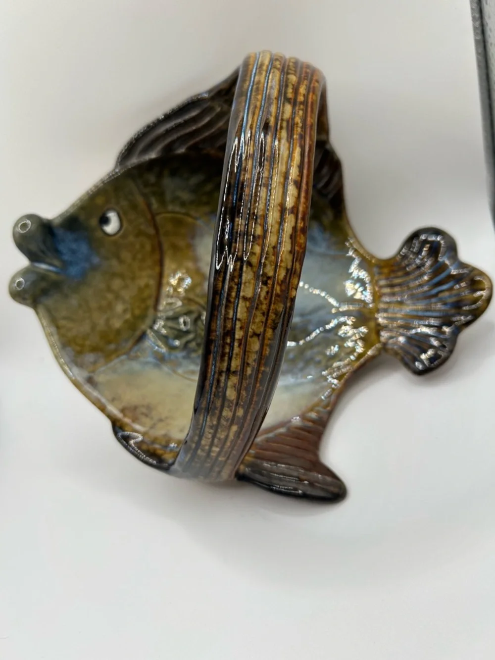 Vintage Handcrafted Ceramic Fish Bowl - Olive Green and Brown